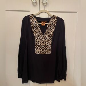 Tory Burch Navy Long Sleeve Embellished Blouse